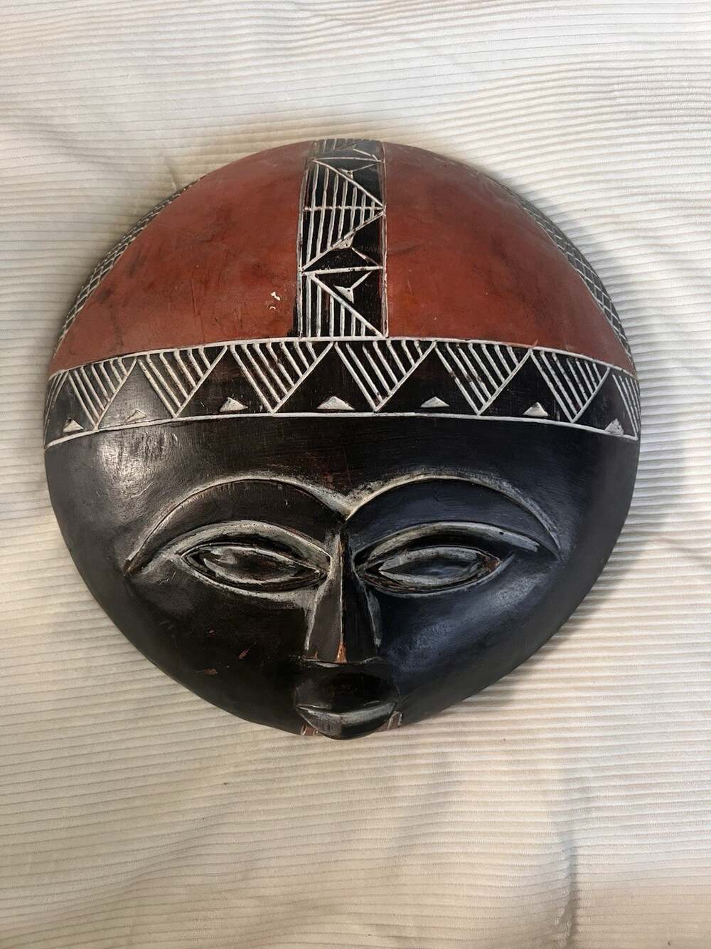 Decorative 11” African Tribal Mask with Geometric Details Hand Carved Wood